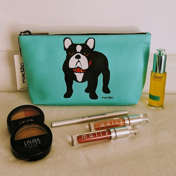 marc tetro Frenchie Large Cosmetic Case Pouch Bag PVC Saffiano Aqua NWT - Picture 1 of 11